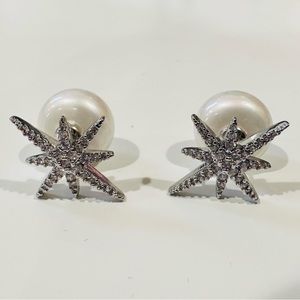 Starburst CZ Pave White Pearl Front Back Two-Sided Stud Earrings